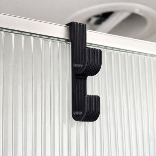 Shower Door Double Hook – Fluted Modern Design, Slide-On Organizer (Made for Airstream)