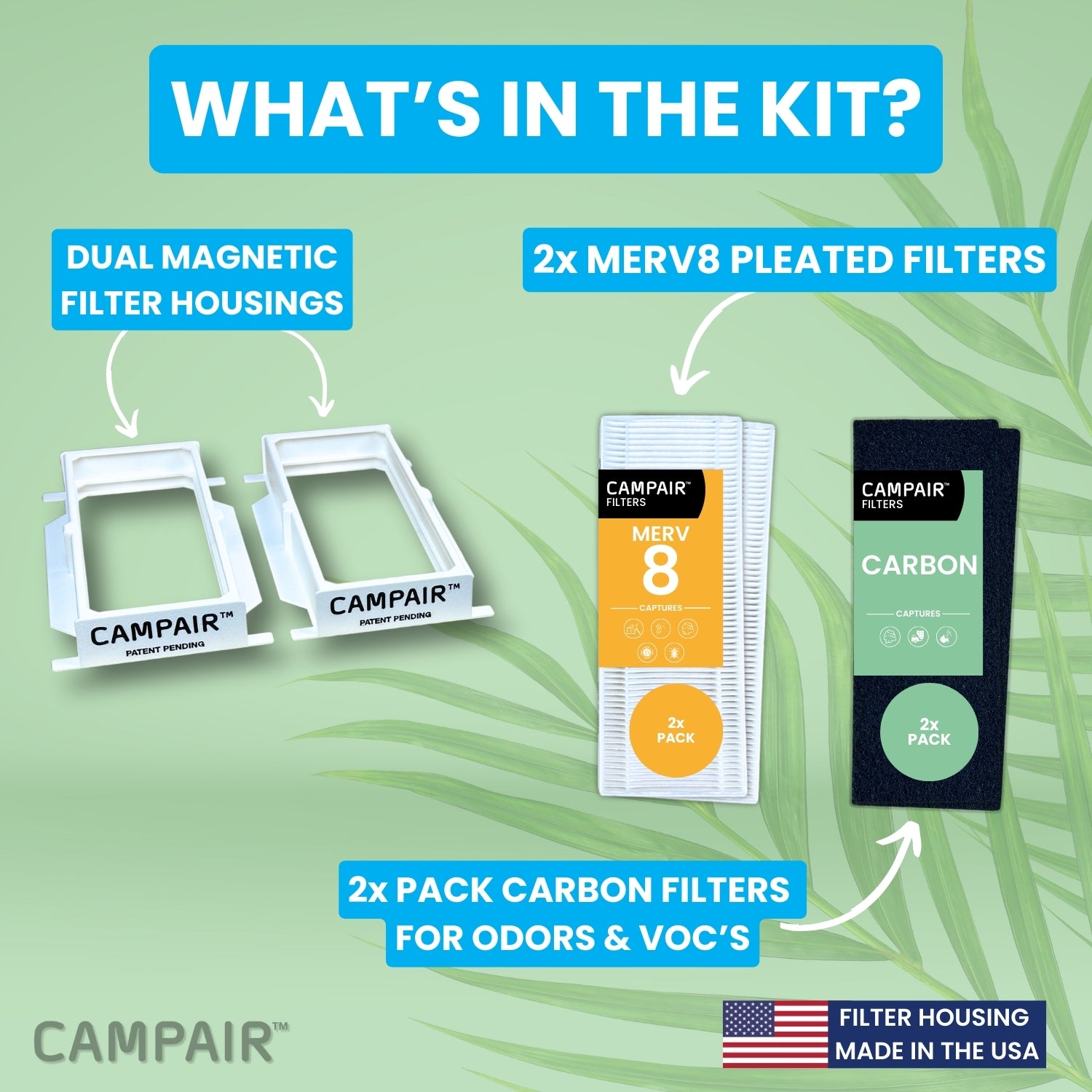 Unboxed CAMPAIR Airstream air filter system showing all included parts