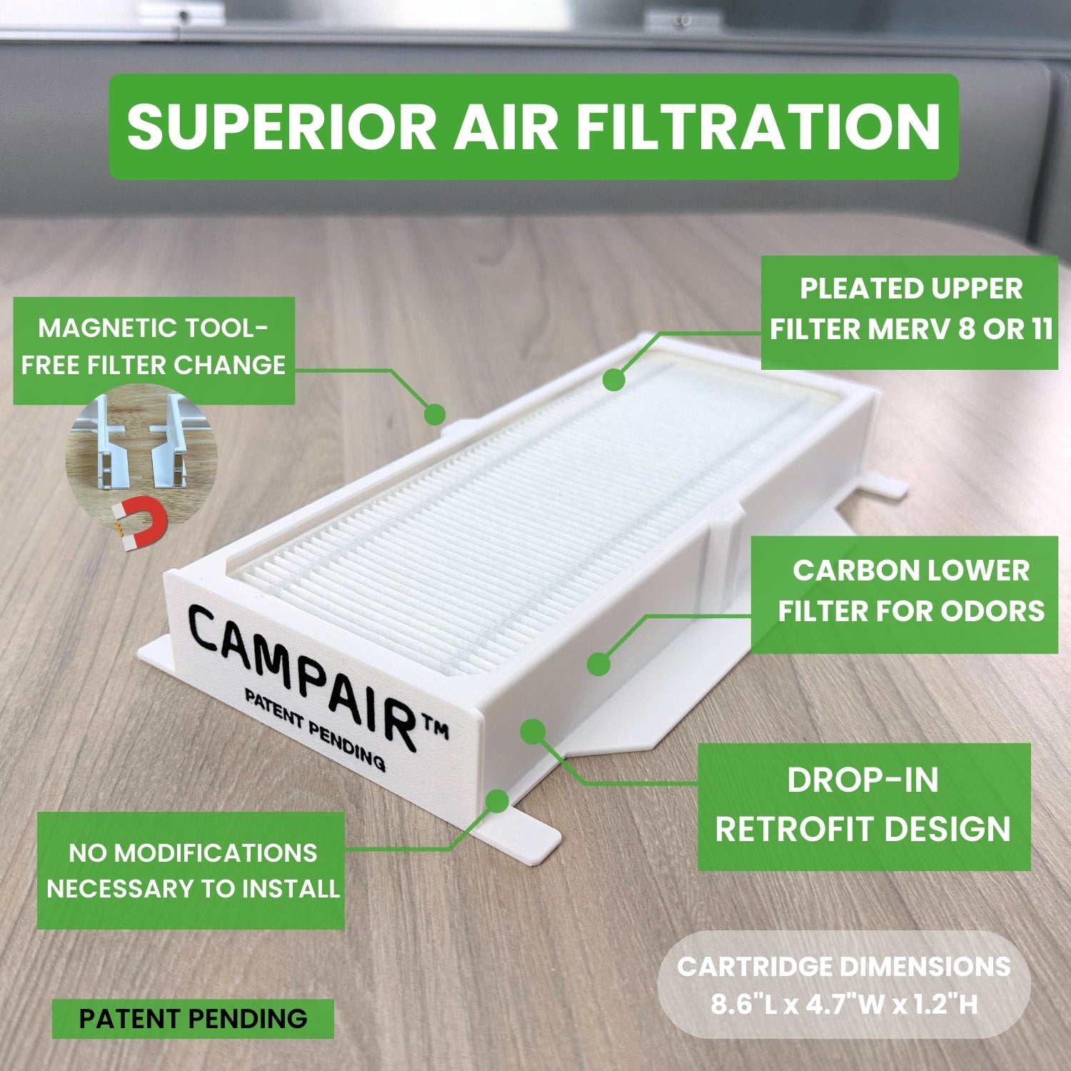 CAMPAIR Airstream filter system with MERV 8 or 11 filtration plus carbon pre-filter for odor and dust control