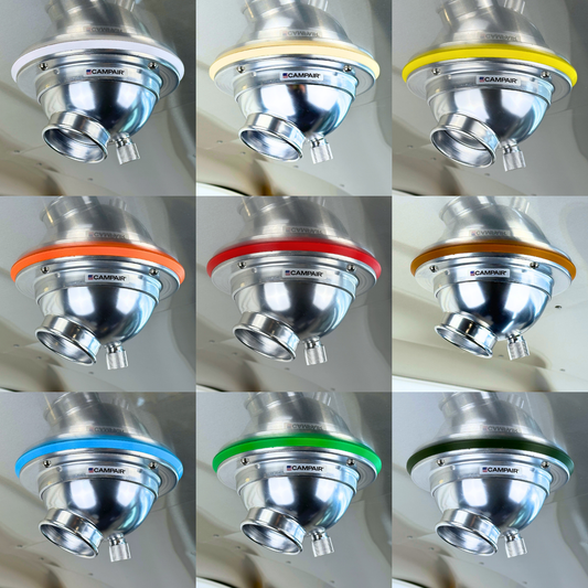 CAMPAIR Satin Aluminum Vent Trim Ring Adapters displayed in nine color options for Airstream customization