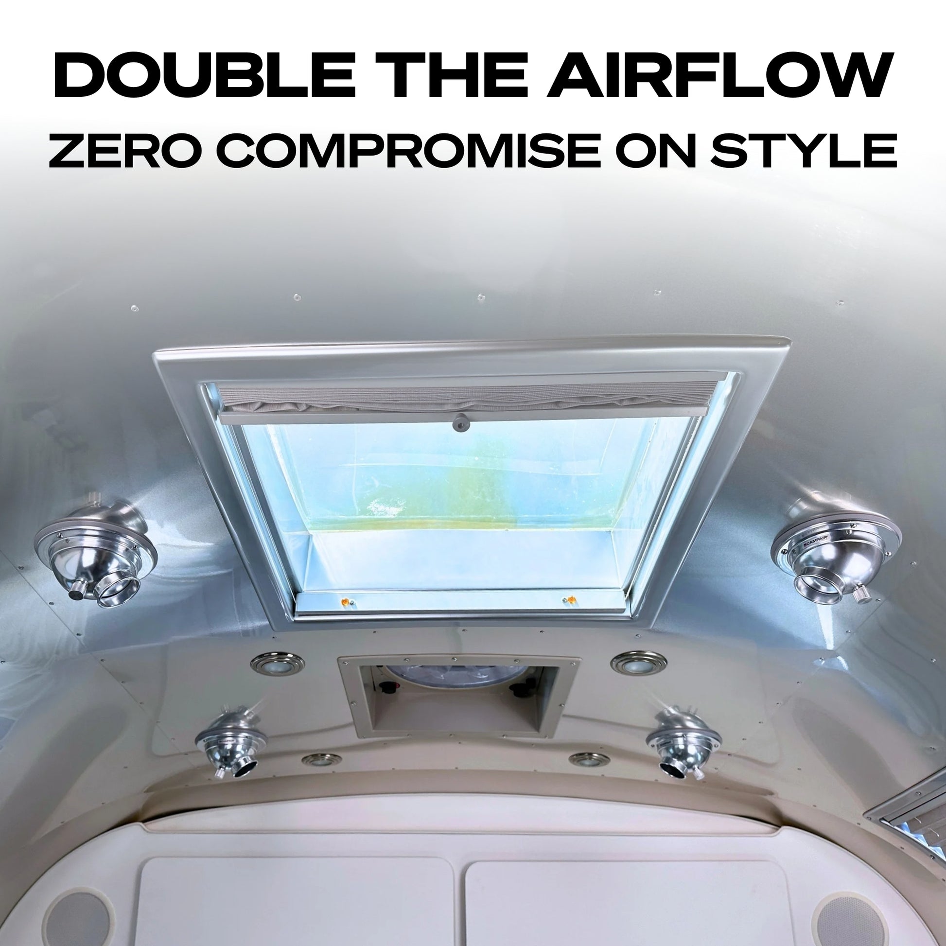 Airstream ceiling with CAMPAIR Satin Aluminum vents showing doubled airflow performance