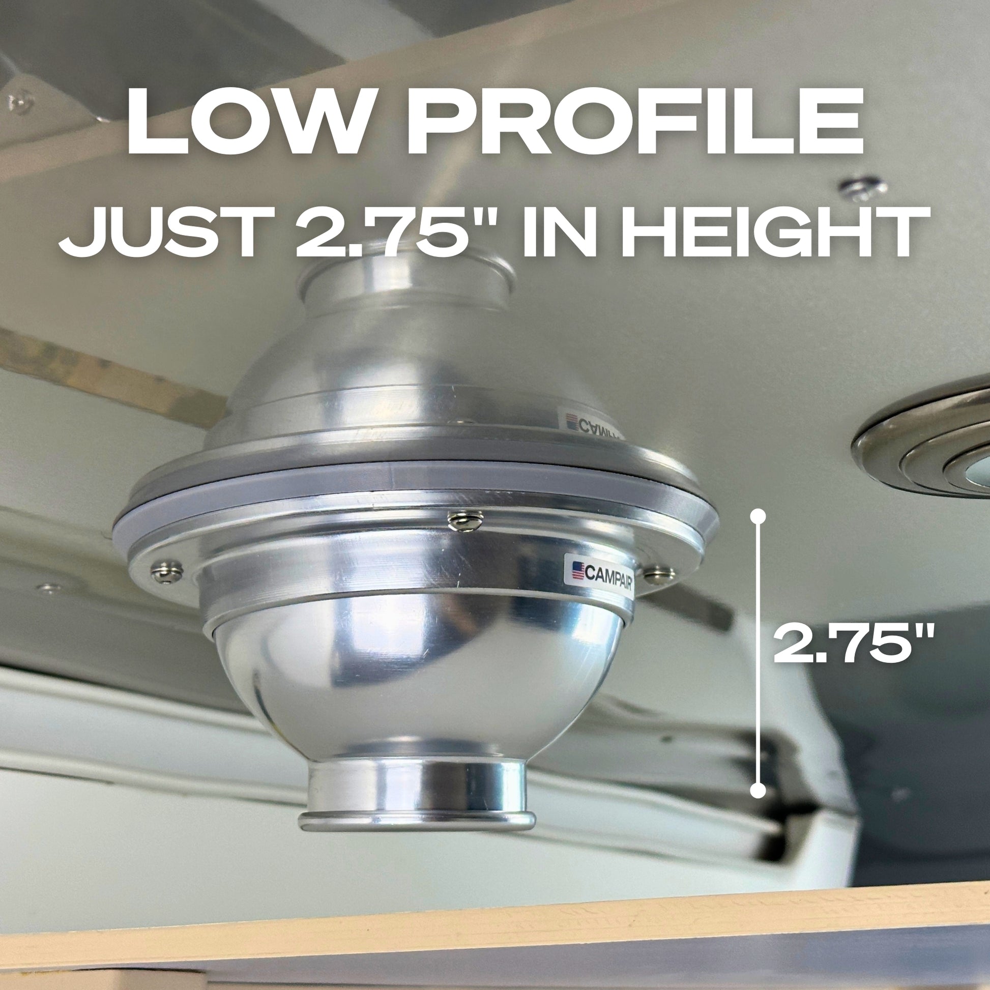 Low profile CAMPAIR Satin Aluminum vent diffuser measuring only 2.75 inches in height