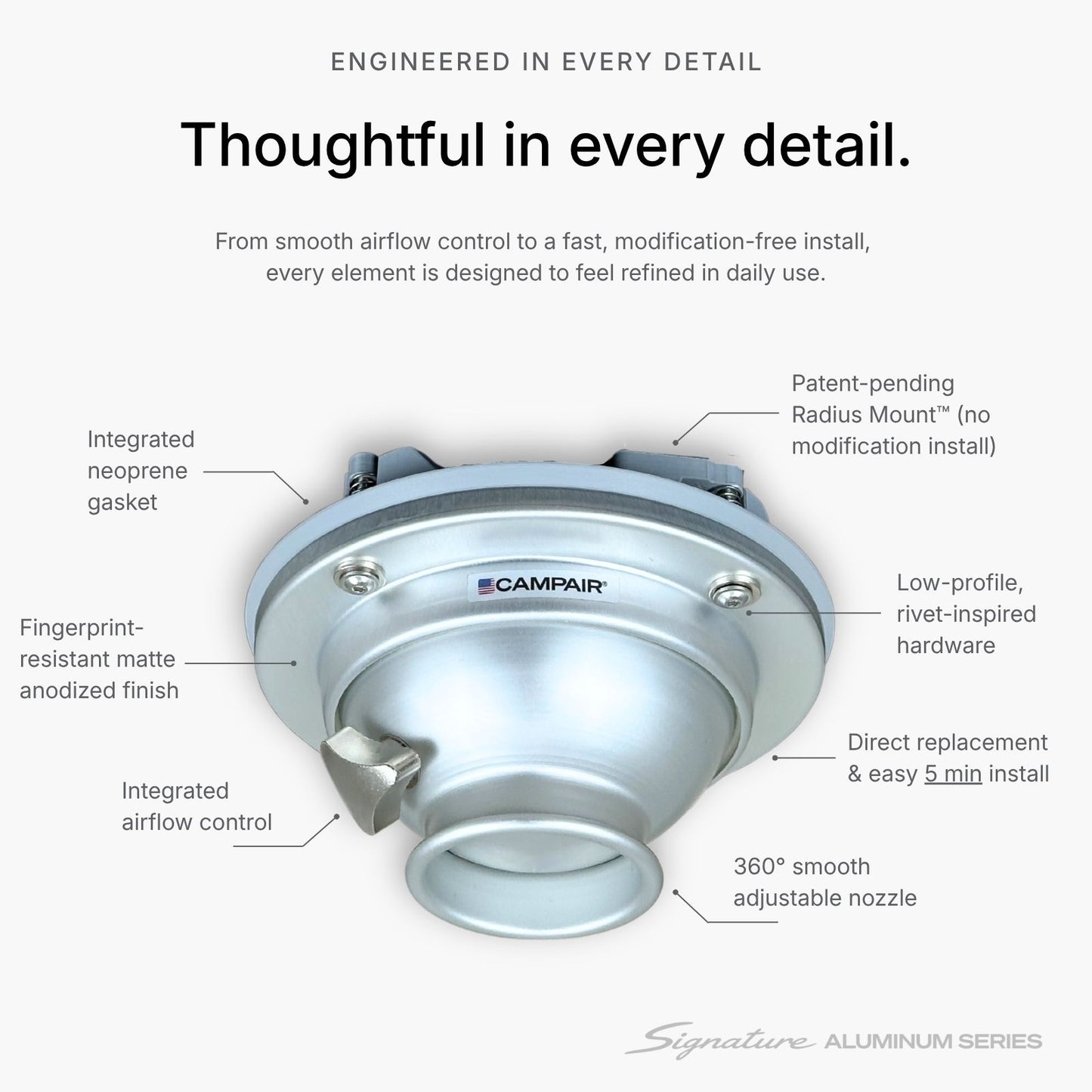 CAMPAIR High-Flow Spot Diffuser – Signature Aluminum Series with Radius Mount™ - For Airstreams with QuietStream Ducting (2015-Current)