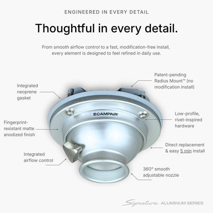 CAMPAIR High-Flow Spot Diffuser – Signature Aluminum Series with Radius Mount™ - For Airstreams with QuietStream Ducting (2015-Current)