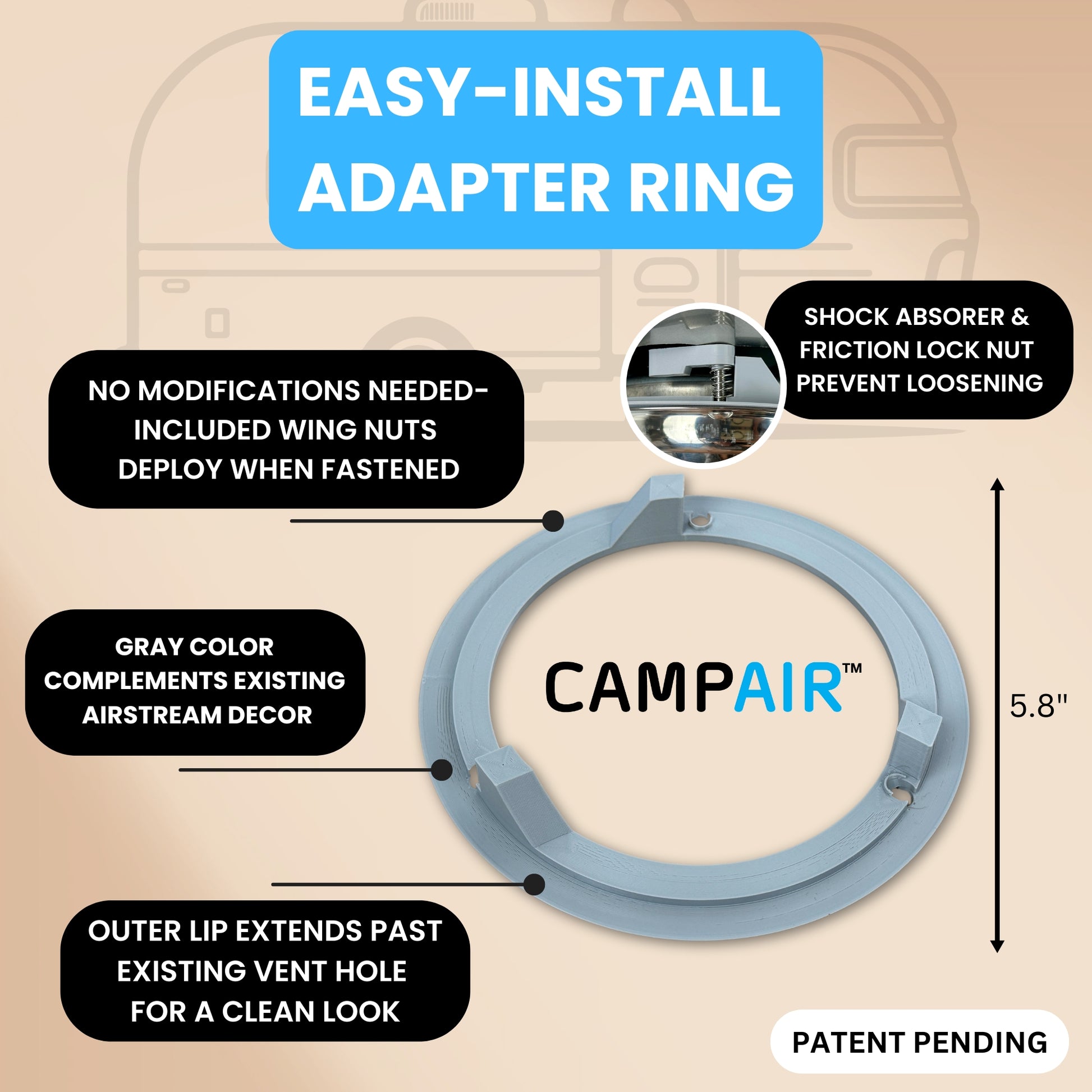 CAMPAIR Stainless Steel Spot Diffuser with easy-install Radius Mount adapter ring for Airstream QuietStream system