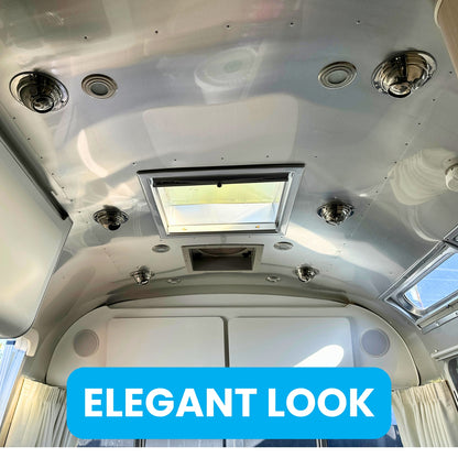 Airstream ceiling with CAMPAIR Stainless Steel Spot Diffuser installed near skylight showing elegant low-profile design