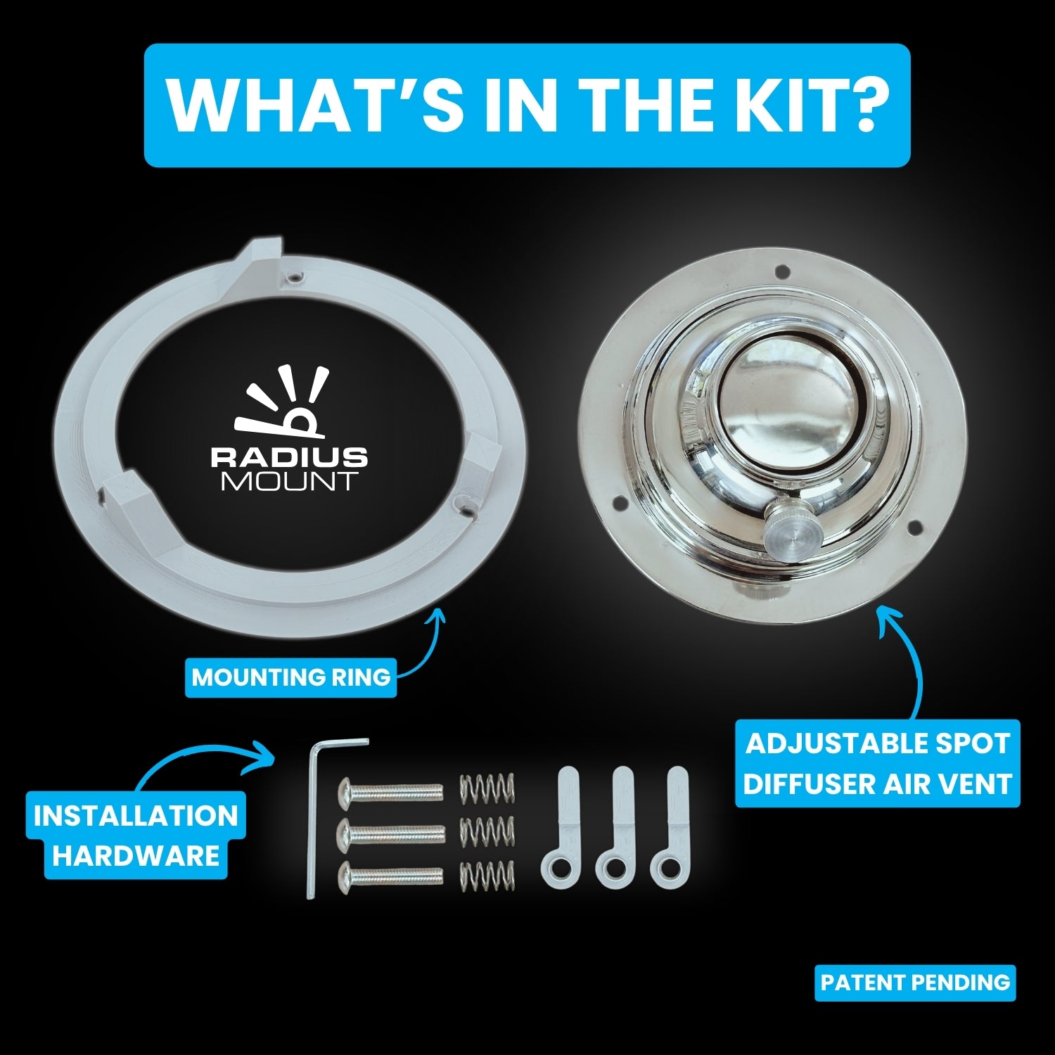 CAMPAIR Stainless Steel Spot Diffuser kit contents including vent, Radius Mount adapter, screws, and install tools