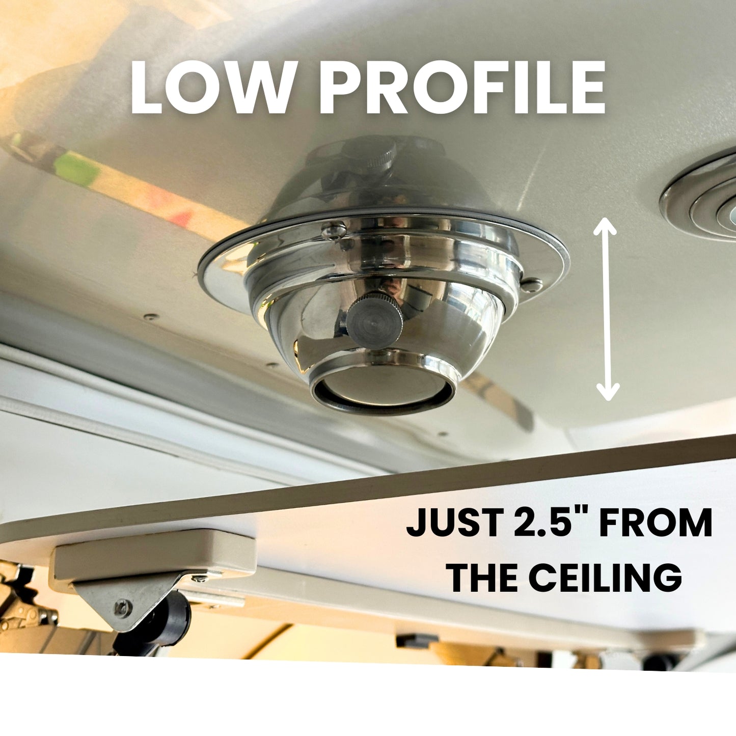 Low profile CAMPAIR Stainless Steel Spot Diffuser measuring only 3.5 inches from the ceiling