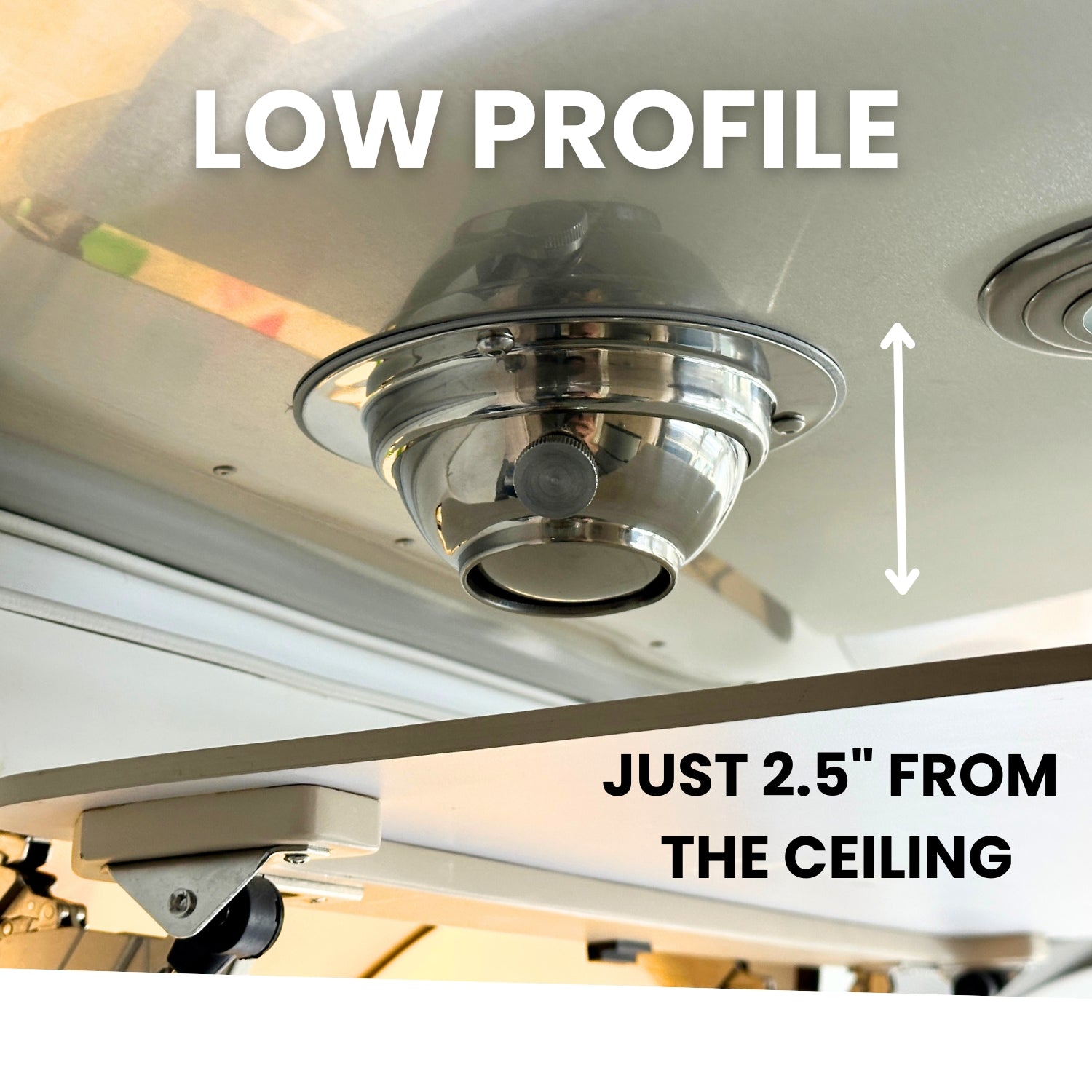 Low profile CAMPAIR Stainless Steel Spot Diffuser measuring only 3.5 inches from the ceiling