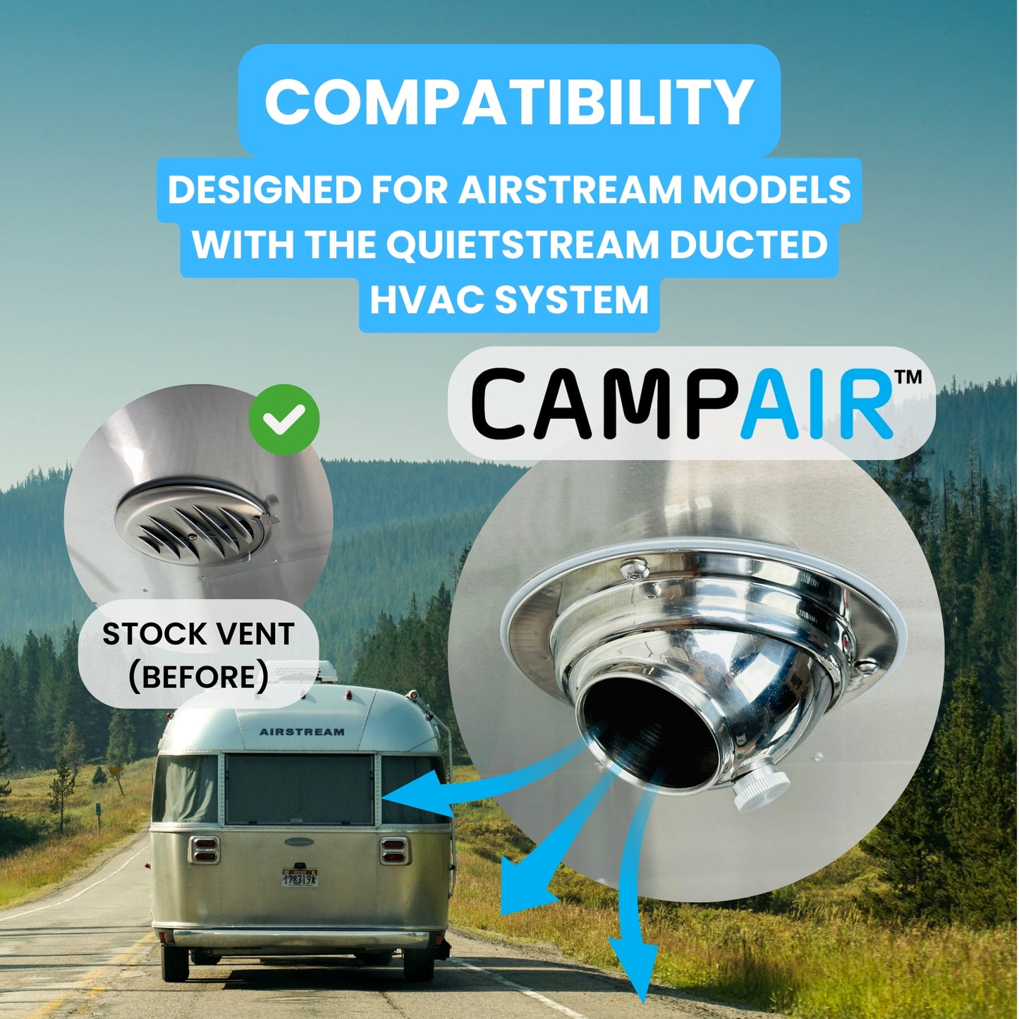 Comparison of stock Airstream vent versus CAMPAIR Stainless Steel Spot Diffuser for QuietStream system